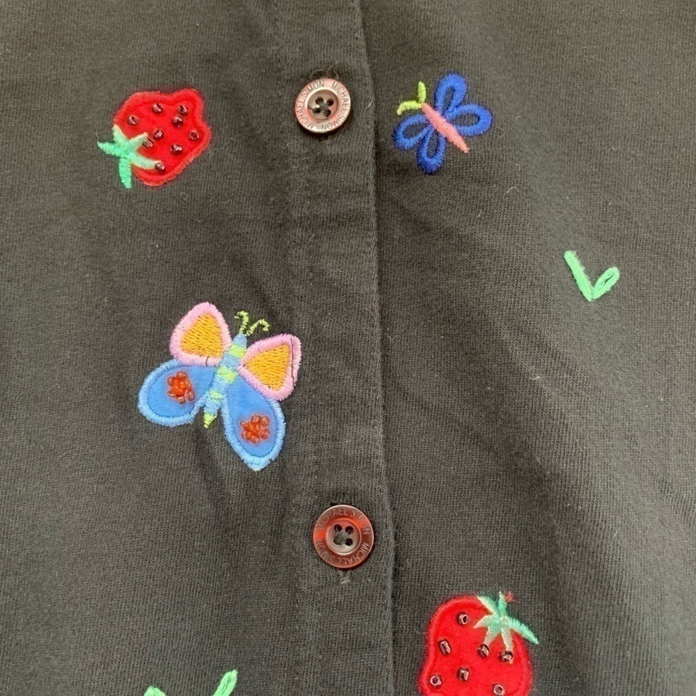 Michael Simon Lite Embroidered Beaded Strawberries Black Buttondown Top Size M - Picture 3 of 6